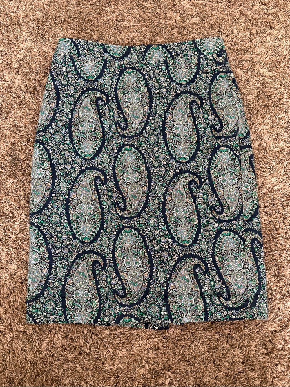 J. Crew Navy and Teal Paisley Pencil Skirt